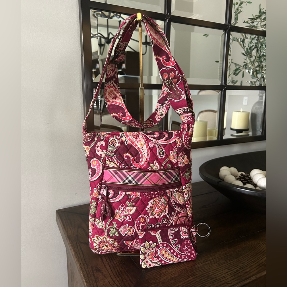 Pink and burgundy Vera Bradley crossbody bag with matching wallet